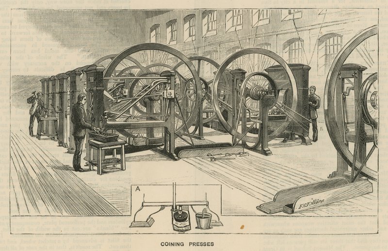 Vázlatok a Királyi Pénzverdében, Tower Hill; pénzverő prések alkotó: English School