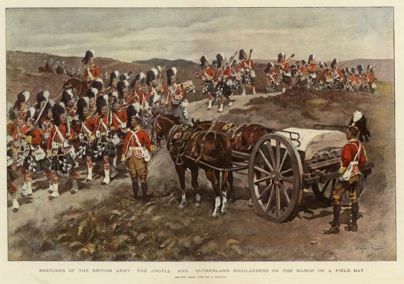 Vázlatok a brit hadseregről, az Argyll és Sutherland Highlanders meneteléséről egy terepnapon (színes litográfia) alkotó: English School