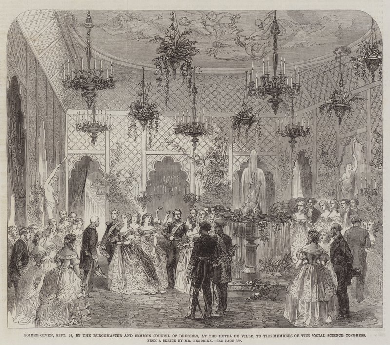 Szeptember 24-én a brüsszeli Burgomaster and Common Council által a Hotel de Ville-ben tartott előadás a Társadalomtudományi Kongresszus tagjainak (metszet) alkotó: English School