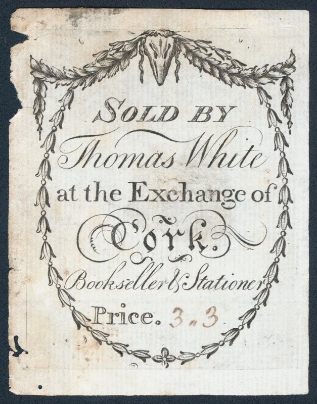 Thomas White értékesítette a Cork-i tőzsdén, könyvkereskedő és írószer, kereskedelmi kártya alkotó: English School