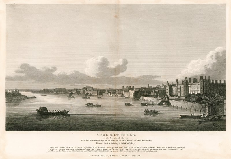 Somerset House, London, eredeti állapotában a különböző épületekkel a Temze partján egészen Westminsterig alkotó: English School