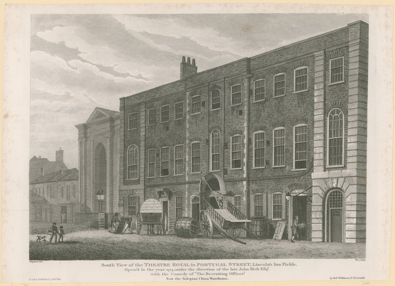 Déli kilátás az egykori Royal Theatre-ről a Portugal Streeten, a Lincolns Inn Fields-ben alkotó: English School