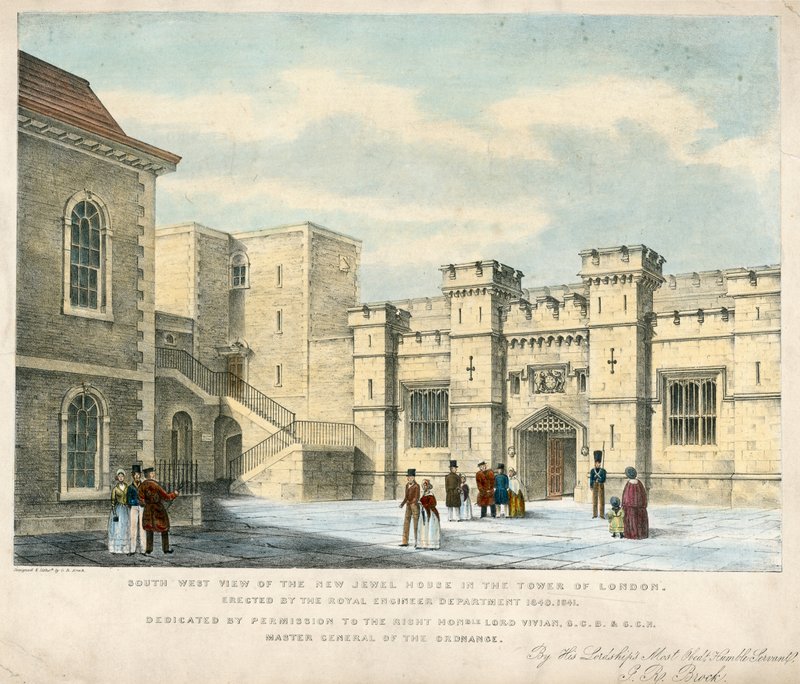 Délnyugati nézet az új ékszerházról a Tower of Londonban, 1840-41 között alkotó: English School