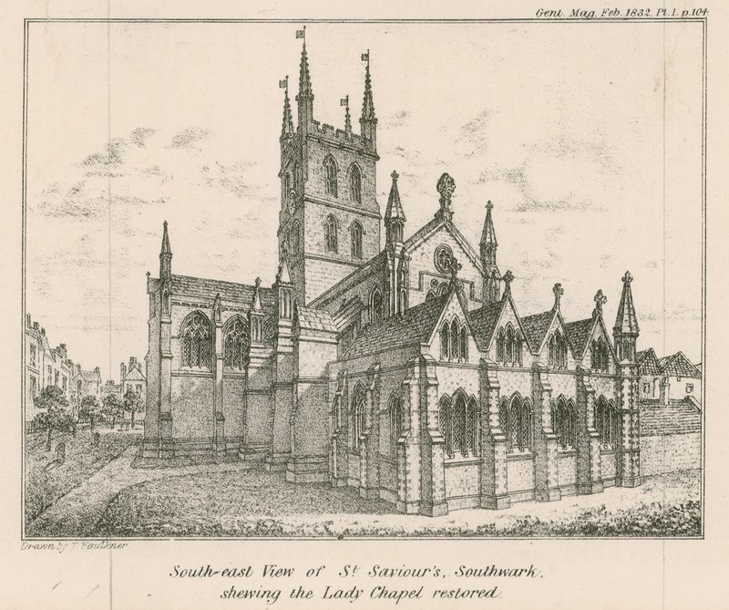 Délkeleti nézet a St Saviors Church-ről, Southwark, amely a felújított Lady-kápolnát mutatja alkotó: English School