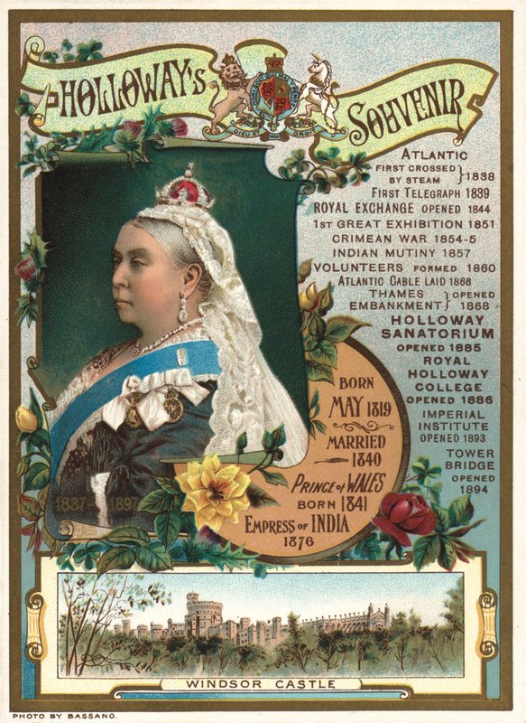 Viktória királynő 1897-es gyémántjubileumának emléktárgya, amely bemutatja uralkodásának legfontosabb eseményeit (chromolitho) alkotó: English School