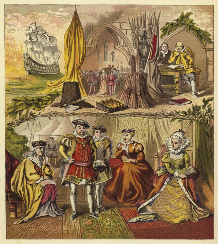 Tudor vonal uralkodói; VII. Henrik király, VIII. Henrik király, VI. Edward király, Mária királyné, I. Erzsébet királynő alkotó: English School