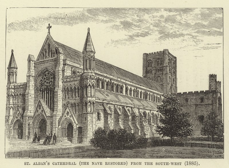 St Albans katedrális, a hajót felújították, délnyugat felől, 1885 alkotó: English School