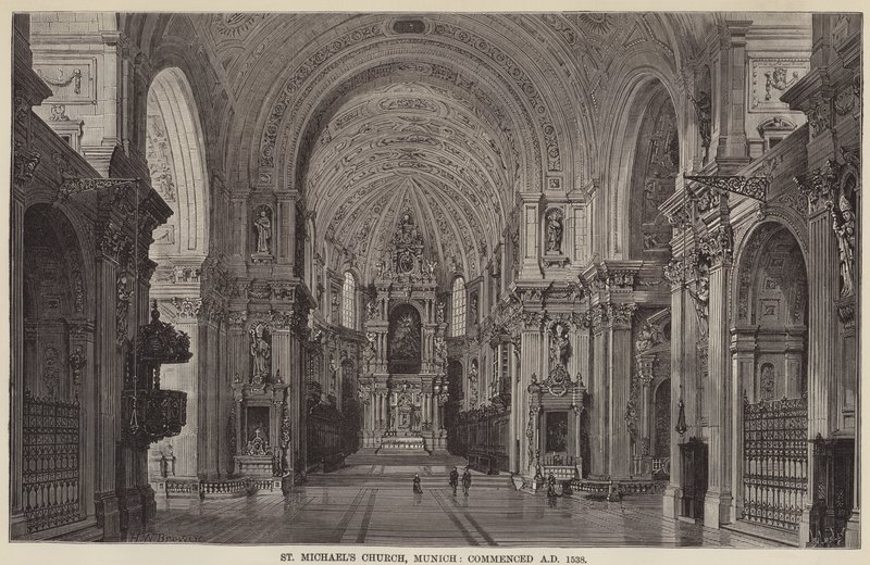 Szent Mihály-templom, München, i.sz. 1538 (metszet) alkotó: English School