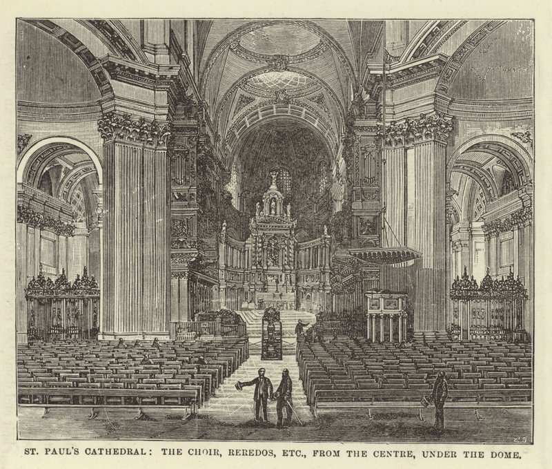 A Szent Pál-székesegyház, a kórus, a Reredos stb. a központból, a kupola alatt alkotó: English School