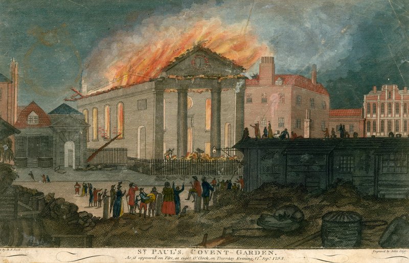 St Pauls Church, Covent Garden, London, ahogy az 1795. szeptember 17-én este 8 órakor lángokban állt. alkotó: English School