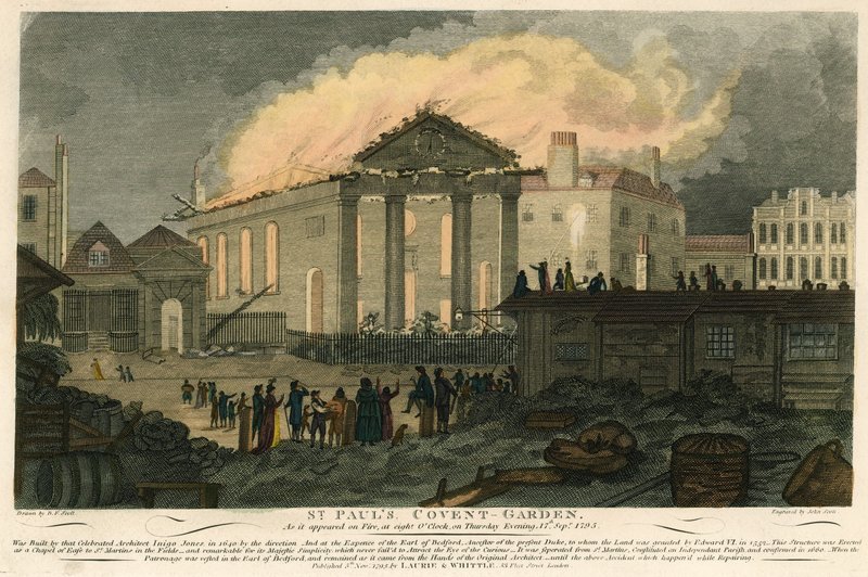 St Pauls, Covent Garden, London, ahogy az 1795. szeptember 17-én este lángokban állt alkotó: English School