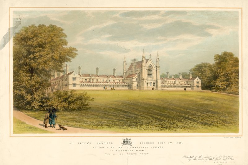 Az 1618. október 2-án alapított St Peters Kórházat a Surrey állambeli Wandsworth-i Fishmongers Company újjáépítette. alkotó: English School