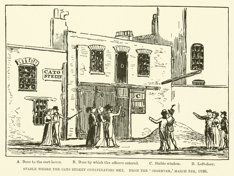 Istálló, ahol a Cato utcai összeesküvők találkoztak, a Figyelőből, 1820. március 5. (metszet) alkotó: English School