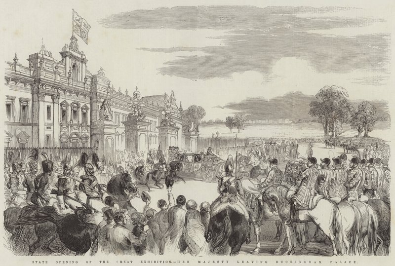 A Nagy Kiállítás állami megnyitója, Őfelsége elhagyja a Buckingham-palotát (metszet) alkotó: English School