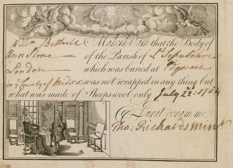 Kijelentés, hogy Ann Slone-t birkagyapjúba temették el, 1784 alkotó: English School