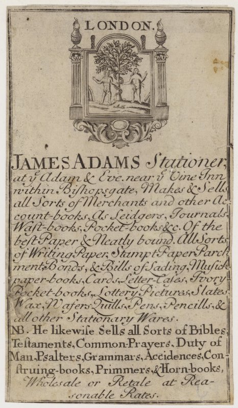 Írószerek, James Adams, kereskedelmi kártya alkotó: English School