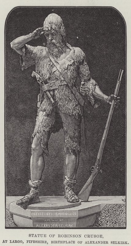 Robinson Crusoe szobra Largo-ban, Fifeshire-ben, Alexander Selkirk szülőhelye (metszet) alkotó: English School