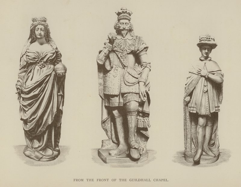 I. Erzsébet királynő, I. Károly király és VI. Edward király szobrai a londoni város Guildhall-kápolnája elől alkotó: English School