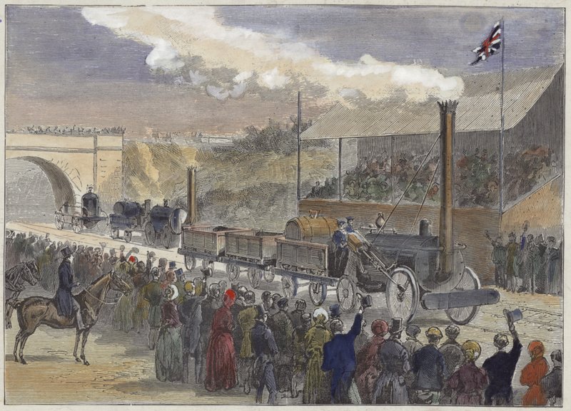 Stephensons Rocket az első helyen végzett a Rainhill-i mozdonyversenyen 1829-ben alkotó: English School
