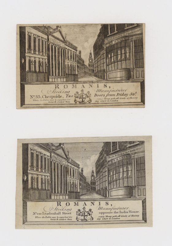 Harisnyagyártók, Romanis, a Cheapside-nál, majd a Leadenhall Streetnél, kereskedelmi kártya alkotó: English School
