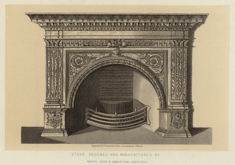 Kályha, tervezte és gyártotta Carr és Robertson Sheffield (litográfia) alkotó: English School