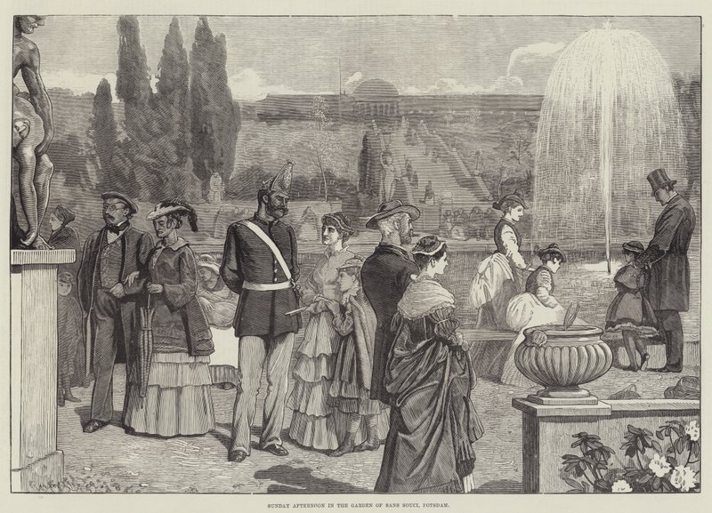 Vasárnap délután a Sans Souci kertben, Potsdam (metszet) alkotó: English School