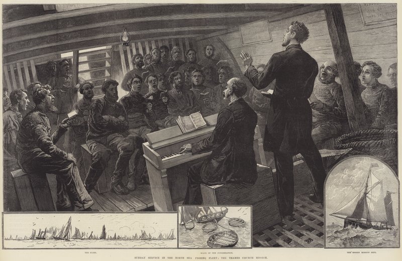 Vasárnapi istentisztelet az északi-tengeri halászflottában, a Thames Church Mission (metszet) alkotó: English School