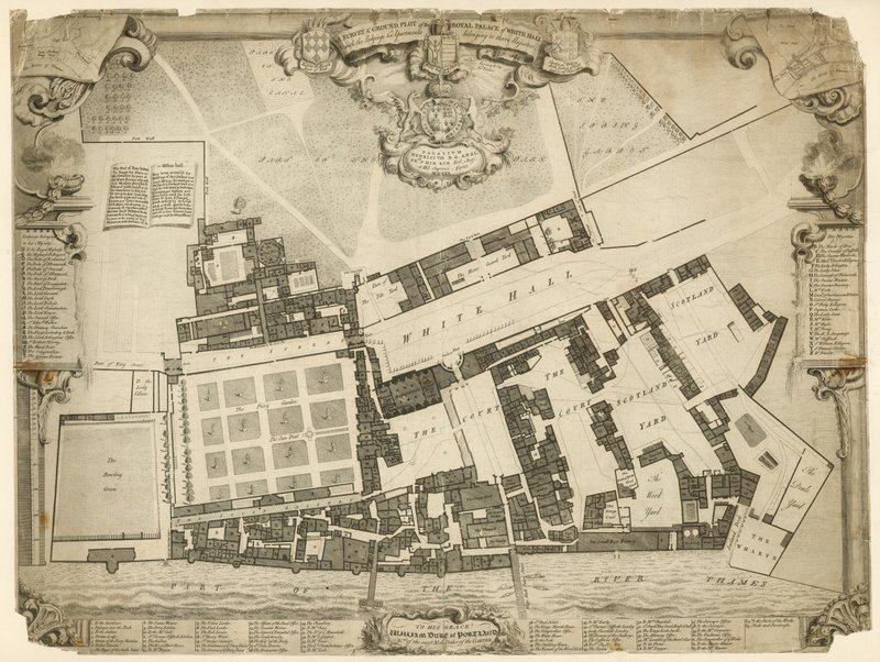 A Whitehall királyi palota felmérése és földterülete, 1680, az őfelségeihez tartozó szállásokkal és apartmanokkal alkotó: English School