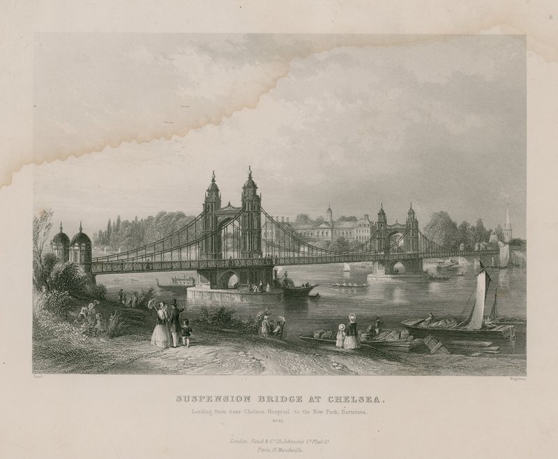 Függőhíd Chelsea-ben, amely a Chelsea Kórház közelében a Battersea állambeli New Parkba vezet alkotó: English School