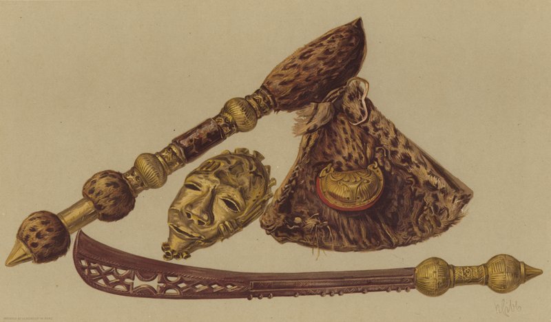 Az Ashantee-expedíción elfogott kard, fejsze és aranymaszk (chromolitho) alkotó: English School