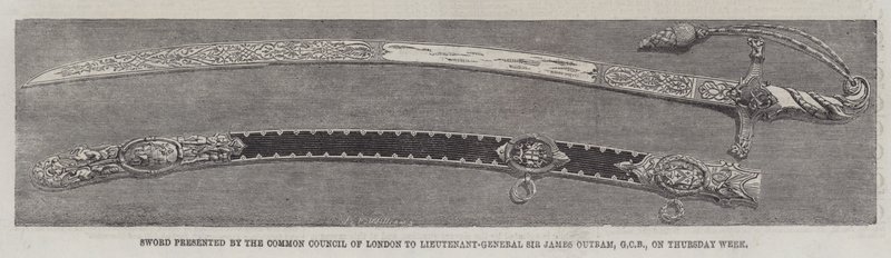 A londoni Közös Tanács által bemutatott kardot Sir James Outram altábornagynak, GCB a héten csütörtökön (metszet) alkotó: English School