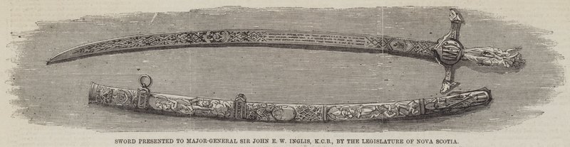 Új-Skócia törvényhozása által Sir John E W Inglis vezérőrnagynak (KCB) ajándékozott kardot (metszet) alkotó: English School