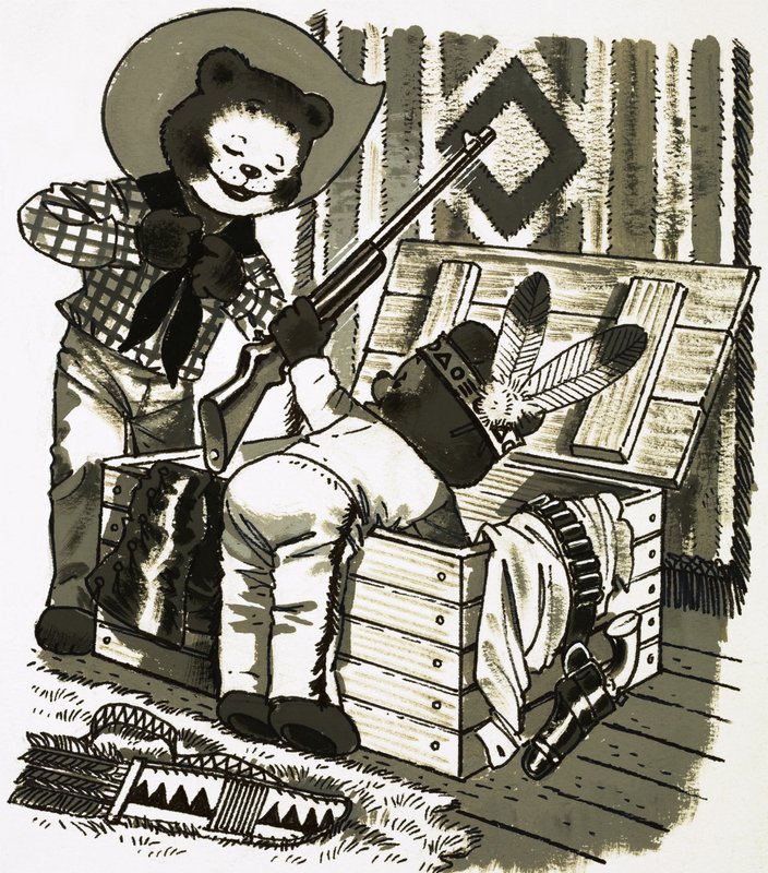 Cowboyokat és indiánokat játszó mackók alkotó: English School