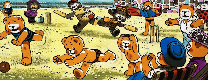 Teddy mackók kriketteznek a tengerparton alkotó: English School