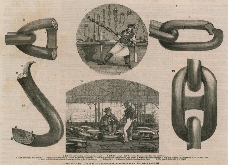 Láncok és kábelek tesztelése a tesztházban, Woolwich Dockyardban alkotó: English School