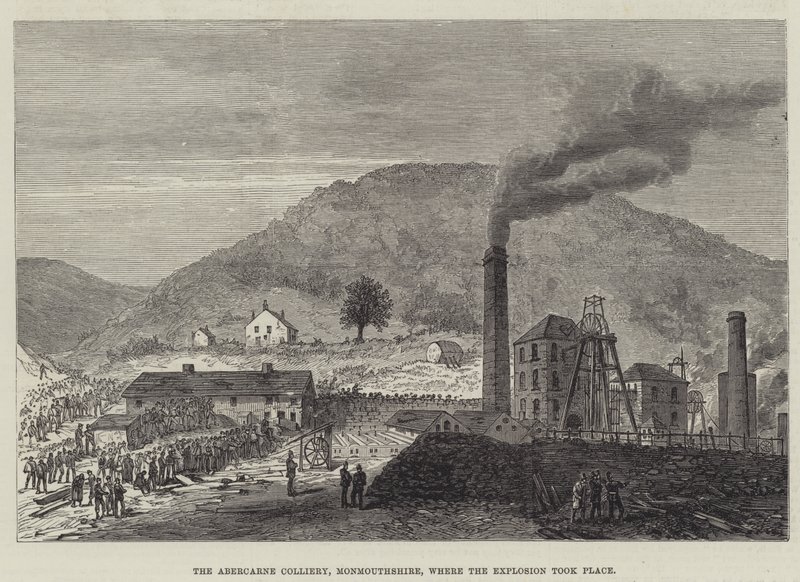 Az Abercarne Colliery, Monmouthshire, ahol a robbanás történt (metszet) alkotó: English School