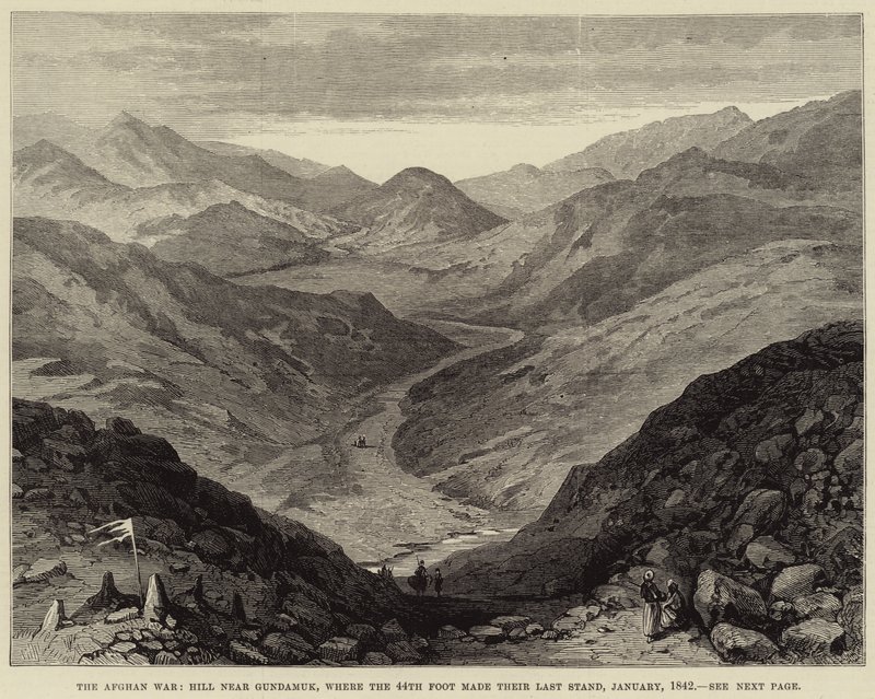 Az afgán háború, a Gundamuk melletti dombon, ahol a 44. láb utoljára lépett 1842 januárjában (metszet) alkotó: English School