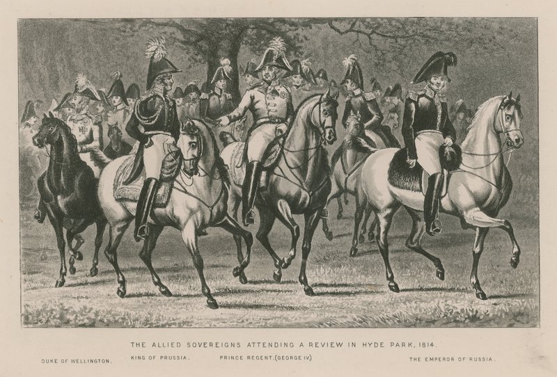 A szövetséges uralkodók áttekintésen vesznek részt a Hyde Parkban, 1814 alkotó: English School