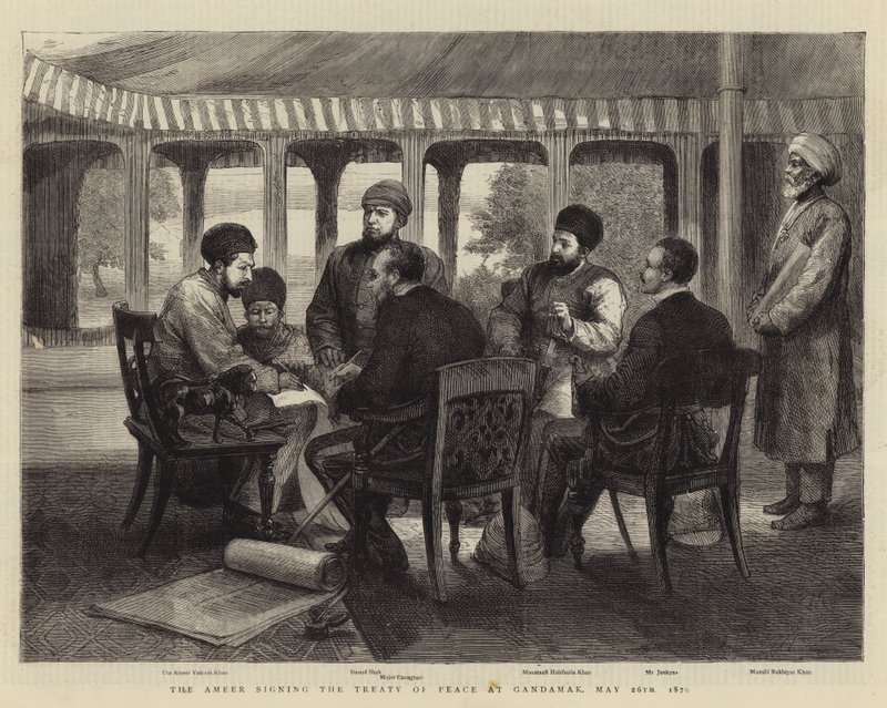 Az Ameer aláírta a békeszerződést Gandamakban, 1879. május 26-án (metszet) alkotó: English School