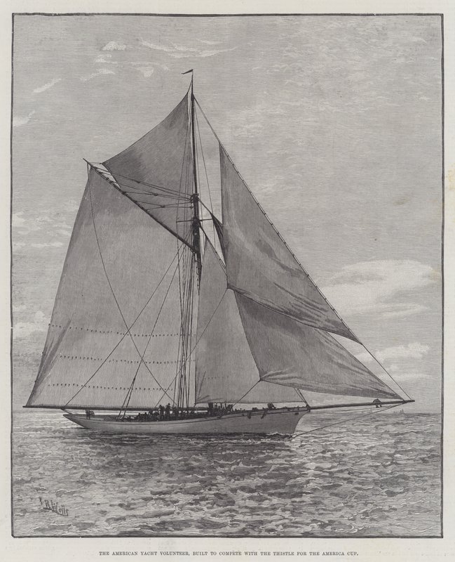 Az American Yacht Volunteer, amely a Thistle-vel versenyezve az Amerika Kupáért (metszet) alkotó: English School