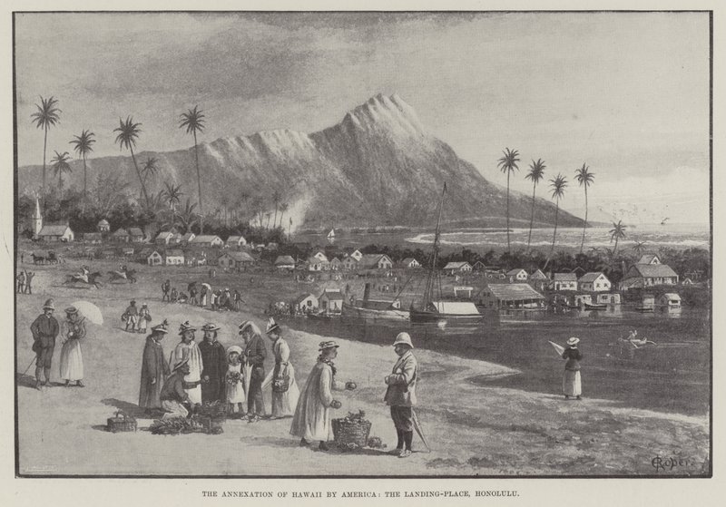 Hawaii annektálása Amerika által, a leszállóhely, Honolulu (metszet) alkotó: English School