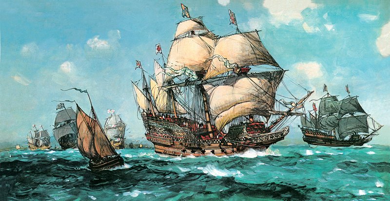 Az Ark Royal vitorlák az Armadával való találkozásra (színes litó) alkotó: English School