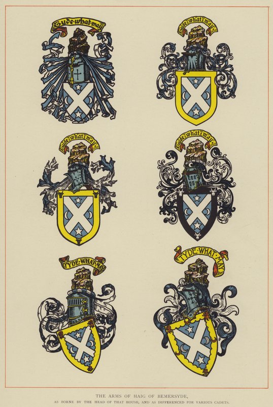 Haig of Bemersyde fegyverei, ahogyan a ház feje viselte, és a különböző kadétok között (színes litho) alkotó: English School