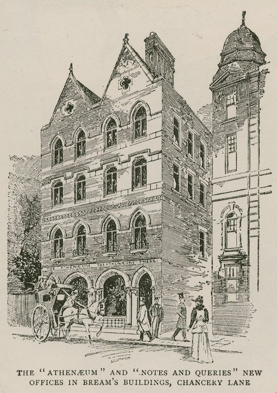 Az Athenaeum és a Notes and Queries új irodái a londoni Breams Buildings-ben, a Chancery Lane-ben alkotó: English School