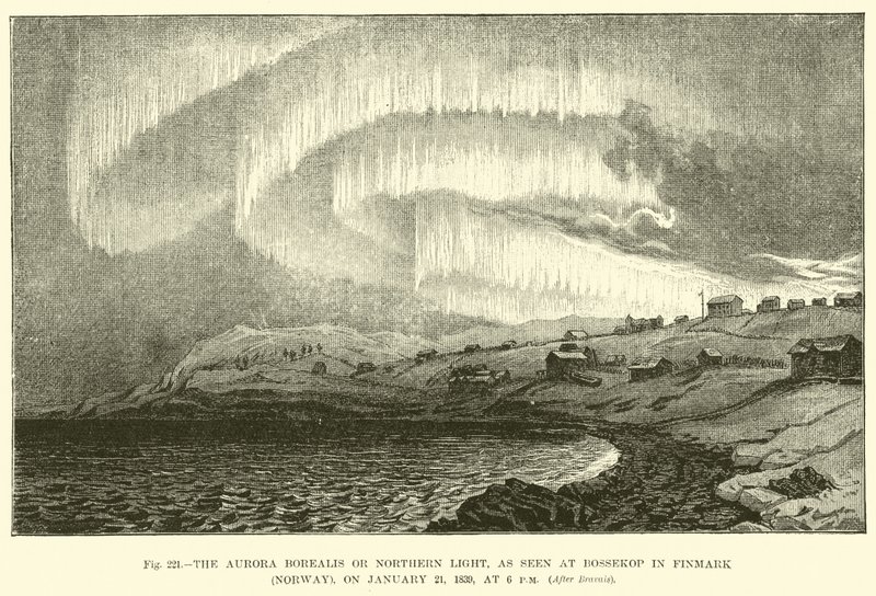 Az Aurora Borealis vagy az északi fény, ahogy a finnmarki Bossekopban (Norvégia) látható, 1839. január 21-én, 18 órakor alkotó: English School