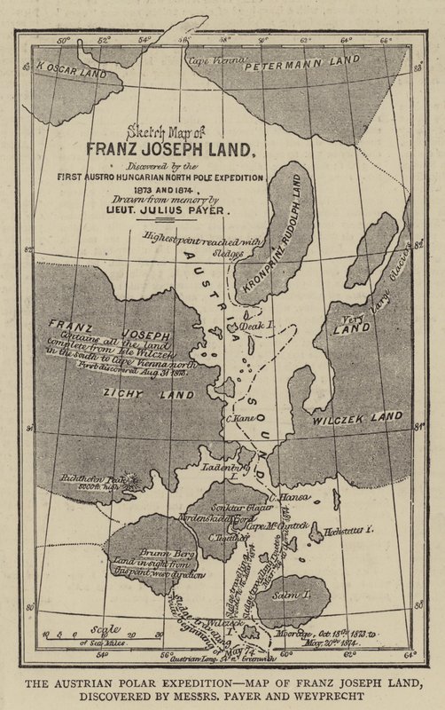 Az osztrák sarki expedíció, Ferenc József-föld térképe, amelyet Messers Payer és Weyprecht fedezett fel (metszet) alkotó: English School