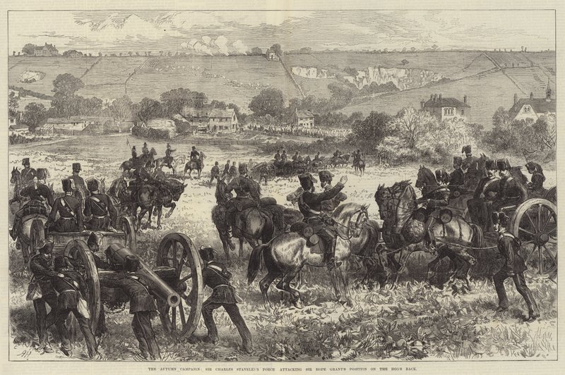 Az őszi hadjárat, Sir Charles Staveley hadereje megtámadja Sir Hope Grant helyzetét a disznó hátán (metszet) alkotó: English School