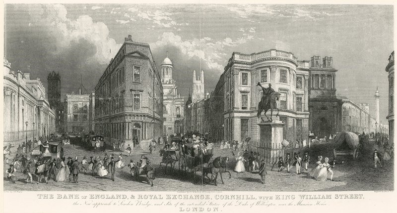 A Bank of England és a Cornhill-i Királyi Tőzsde, a King William Street mellett alkotó: English School
