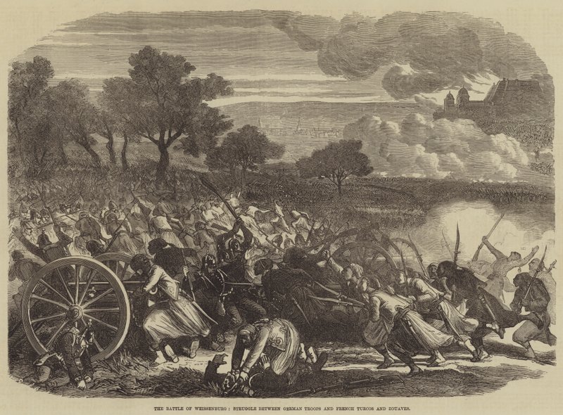 A weissenburgi csata, harc a német csapatok és a francia turcos és zouaves között (metszet) alkotó: English School
