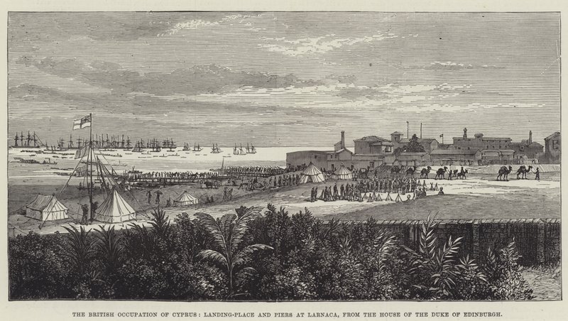 Ciprus brit megszállása, Lárnakai leszállóhely és mólók, az Edinburgh-i herceg házából (metszet) alkotó: English School